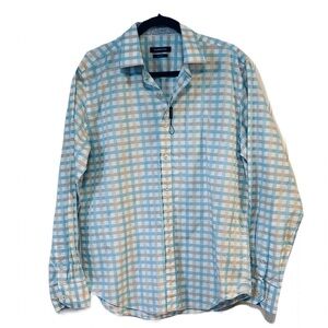 Men’s Bugatchi button up shirt lt blue, cream & white print classic fit Medium
